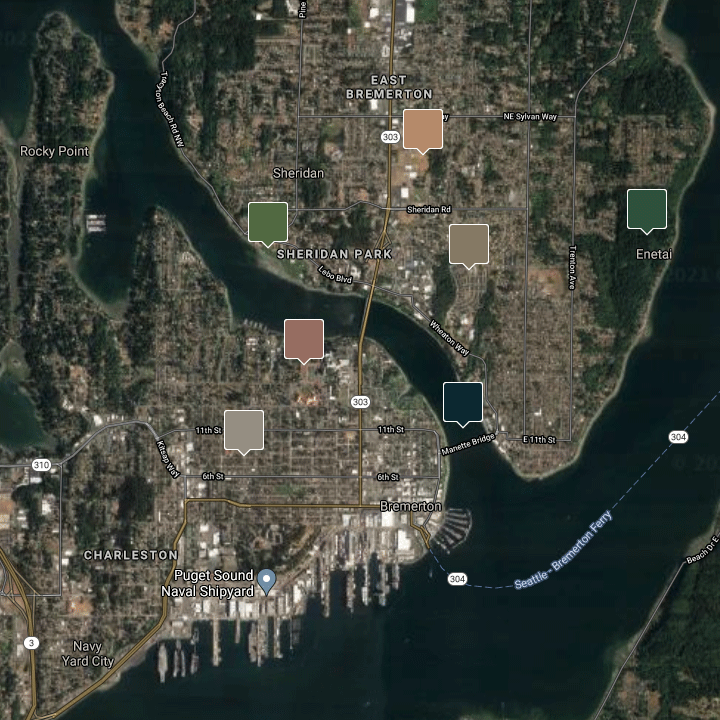 Satellite image of Bremerton with color pickers scattered throughout